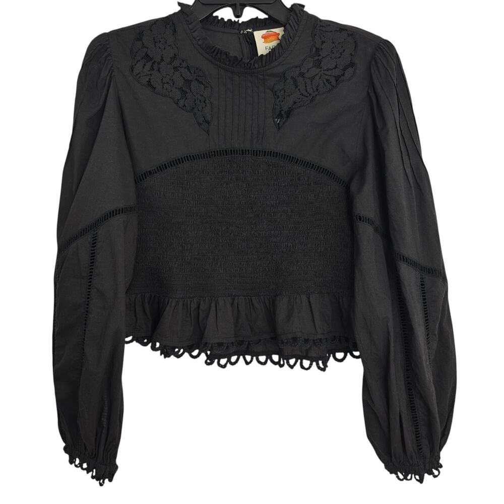 Anthropologie Farm Rio Smocked Blouse Size Medium Black Lace Victorian Gothic - Picture 2 of 16